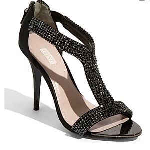 Glint Nordstrom Devyn T-Strap Stiletto Sandals Black with Rhinestones